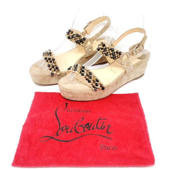 Christian Louboutin Platform Sandals Flat Wedge Gold Brown Spike Stud Tan EU 38 - Picture 2 of 9